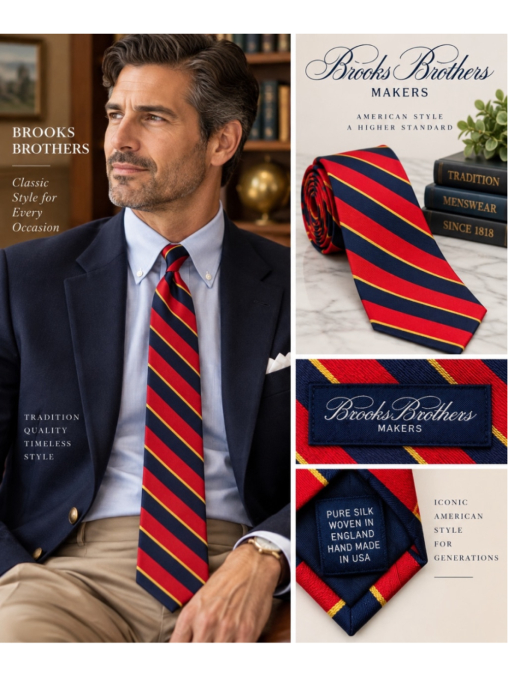 Brooks Brothers Makers Pure Silk Repp Stripe Tie Red Navy Gold Made USA